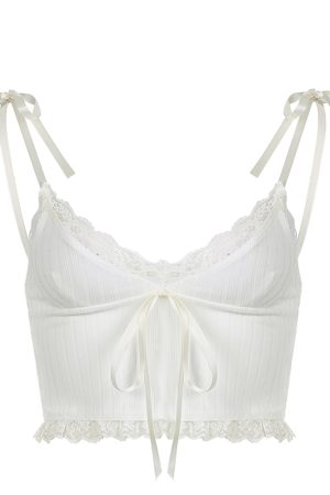 White Lace V-Neck Low-Cut Cami Top - Sexy Minimalist Cropped Summer Top for Home, Y2K Fashion, 2025 Style