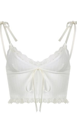 White Lace V-Neck Low-Cut Cami Top - Sexy Minimalist Cropped Summer Top for Home, Y2K Fashion, 2025 Style