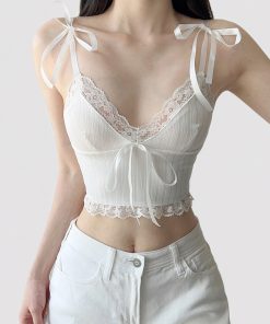 White Lace V-Neck Low-Cut Cami Top - Sexy Minimalist Cropped Summer Top for Home, Y2K Fashion, 2025 Style