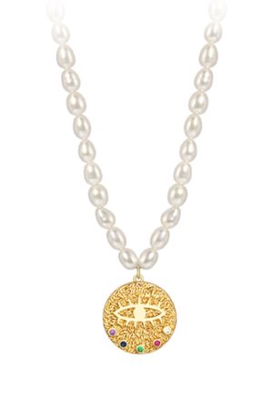 White Layered French Retro Freshwater Pearl Necklace with Evil Eye and Gold Coin Detail - Trendy He-style Design
