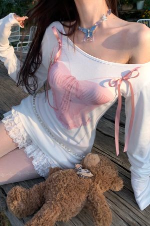 White Long Sleeve Ballet T-Shirt for Women - Sweet Slim Fit, Shoulder-Exposing, Waist-Defining Versatile Summer Top