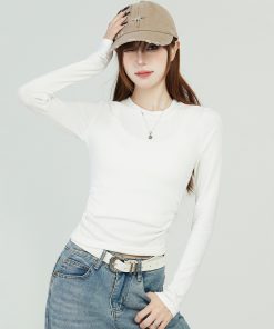 White Long Sleeve Shoulder T-Shirt for Women - 2025 Fitted Elegant Slim Inner Layer Short Top, Perfect for Y2K and Casual Chic Styles