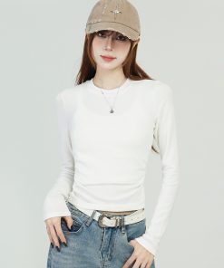 White Long Sleeve Shoulder T-Shirt for Women - 2025 Fitted Elegant Slim Inner Layer Short Top, Perfect for Y2K and Casual Chic Styles