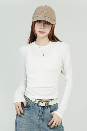 White Long Sleeve Shoulder T-Shirt for Women - 2025 Fitted Elegant Slim Inner Layer Short Top, Perfect for Y2K and Casual Chic Styles