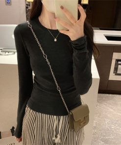 White Long Sleeve Shoulder T-Shirt for Women - 2025 Fitted Elegant Slim Inner Layer Short Top, Perfect for Y2K and Casual Chic Styles