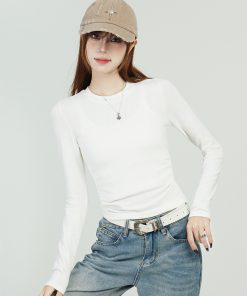 White Long Sleeve Shoulder T-Shirt for Women - 2025 Fitted Elegant Slim Inner Layer Short Top, Perfect for Y2K and Casual Chic Styles