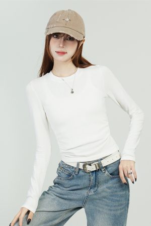 White Long Sleeve Shoulder T-Shirt for Women - 2025 Fitted Elegant Slim Inner Layer Short Top, Perfect for Y2K and Casual Chic Styles