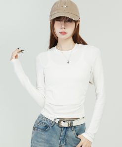White Long Sleeve Shoulder T-Shirt for Women - 2025 Fitted Elegant Slim Inner Layer Short Top, Perfect for Y2K and Casual Chic Styles