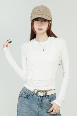 White Long Sleeve Shoulder T-Shirt for Women - 2025 Fitted Elegant Slim Inner Layer Short Top, Perfect for Y2K and Casual Chic Styles