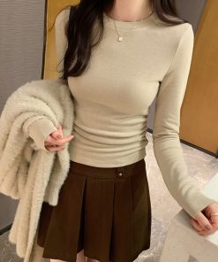 White Long Sleeve Shoulder T-Shirt for Women - 2025 Fitted Elegant Slim Inner Layer Short Top, Perfect for Y2K and Casual Chic Styles