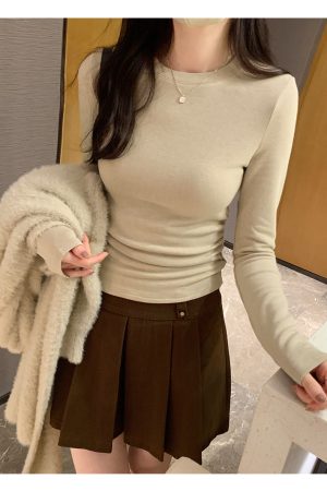 White Long Sleeve Shoulder T-Shirt for Women - 2025 Fitted Elegant Slim Inner Layer Short Top, Perfect for Y2K and Casual Chic Styles