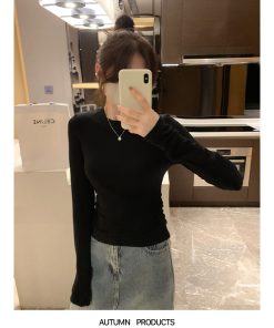 White Long Sleeve Shoulder T-Shirt for Women - 2025 Fitted Elegant Slim Inner Layer Short Top, Perfect for Y2K and Casual Chic Styles