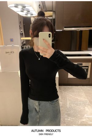 White Long Sleeve Shoulder T-Shirt for Women - 2025 Fitted Elegant Slim Inner Layer Short Top, Perfect for Y2K and Casual Chic Styles