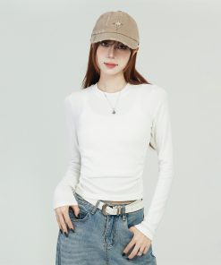 White Long Sleeve Shoulder T-Shirt for Women - 2025 Fitted Elegant Slim Inner Layer Short Top, Perfect for Y2K and Casual Chic Styles