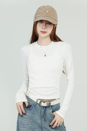 White Long Sleeve Shoulder T-Shirt for Women - 2025 Fitted Elegant Slim Inner Layer Short Top, Perfect for Y2K and Casual Chic Styles