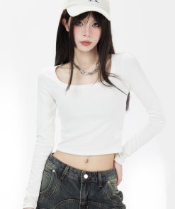 White Long Sleeve Square Collar T-Shirt for Women - 2025 New Slim Fit Versatile Base Layer Knitted Top