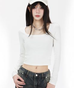 White Long Sleeve Square Collar T-Shirt for Women - 2025 New Slim Fit Versatile Base Layer Knitted Top