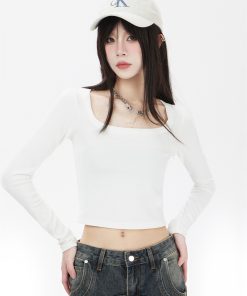 White Long Sleeve Square Collar T-Shirt for Women - 2025 New Slim Fit Versatile Base Layer Knitted Top