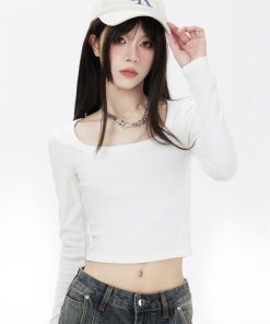 White Long Sleeve Square Collar T-Shirt for Women - 2025 New Slim Fit Versatile Base Layer Knitted Top