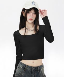 White Long Sleeve Square Collar T-Shirt for Women - 2025 New Slim Fit Versatile Base Layer Knitted Top