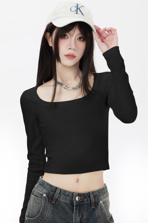 White Long Sleeve Square Collar T-Shirt for Women - 2025 New Slim Fit Versatile Base Layer Knitted Top
