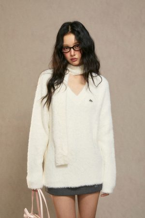 White Loose Knit Sweater for Women - 2025 Winter Lazy Style High-End Fashion Top