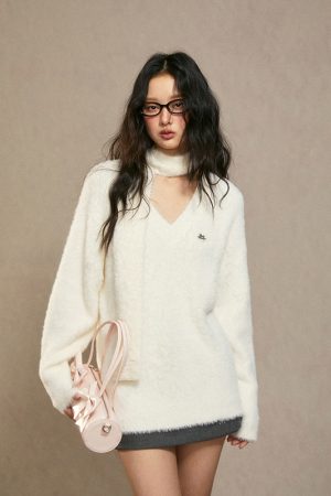 White Loose Knit Sweater for Women - 2025 Winter Lazy Style High-End Fashion Top