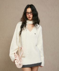 White Loose Knit Sweater for Women - 2025 Winter Lazy Style High-End Fashion Top