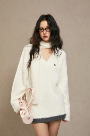 White Loose Knit Sweater for Women - 2025 Winter Lazy Style High-End Fashion Top