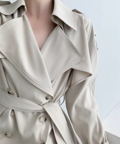 White Loose Long Trench Coat for Women, Autumn Draped Long Sleeve, Versatile Double-Breasted Elegant Mid-Length Outerwear