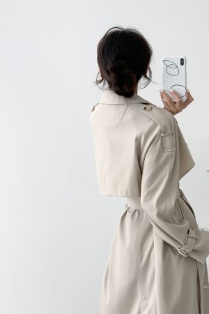 White Loose Long Trench Coat for Women, Autumn Draped Long Sleeve, Versatile Double-Breasted Elegant Mid-Length Outerwear