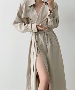 White Loose Long Trench Coat for Women, Autumn Draped Long Sleeve, Versatile Double-Breasted Elegant Mid-Length Outerwear