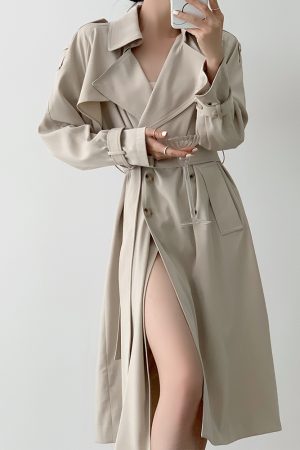White Loose Long Trench Coat for Women, Autumn Draped Long Sleeve, Versatile Double-Breasted Elegant Mid-Length Outerwear