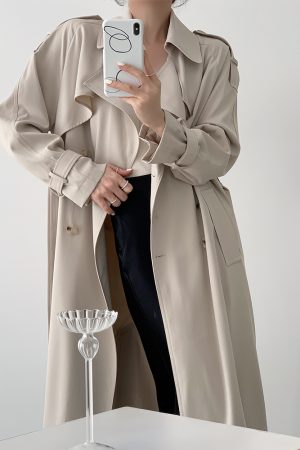 White Loose Long Trench Coat for Women, Autumn Draped Long Sleeve, Versatile Double-Breasted Elegant Mid-Length Outerwear