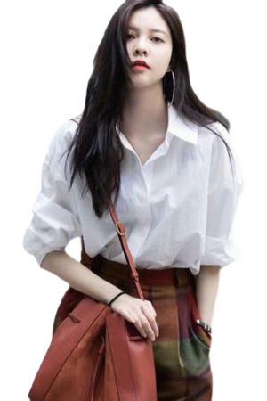 White Mid-Length Shirt for Women - Celebrity Style Summer Loose Plus-Size Top in Solid Color, Trendy Niche Fashion