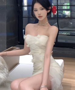 White Mini Dress for Annual Meetings, Heavily Embellished with Sequins and Tassels, French Style, Strapless, Super Fairy Sexy