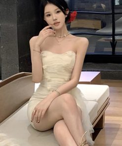 White Mini Dress for Annual Meetings, Heavily Embellished with Sequins and Tassels, French Style, Strapless, Super Fairy Sexy