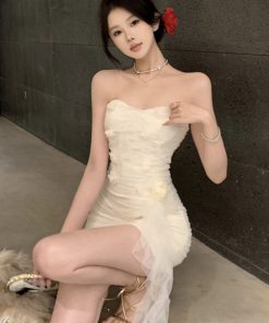 White Mini Dress for Annual Meetings, Heavily Embellished with Sequins and Tassels, French Style, Strapless, Super Fairy Sexy