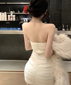 White Mini Dress for Annual Meetings, Heavily Embellished with Sequins and Tassels, French Style, Strapless, Super Fairy Sexy