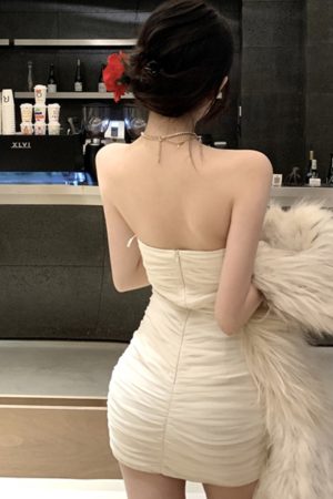 White Mini Dress for Annual Meetings, Heavily Embellished with Sequins and Tassels, French Style, Strapless, Super Fairy Sexy