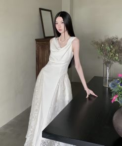 White Moonlight Certificate Little White Dress - Vintage Ruffled Lace One-Shoulder Dress for Summer 2025, Chic 90s Inspired Style