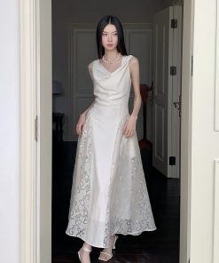 White Moonlight Certificate Little White Dress - Vintage Ruffled Lace One-Shoulder Dress for Summer 2025, Chic 90s Inspired Style