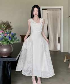 White Moonlight Certificate Little White Dress - Vintage Ruffled Lace One-Shoulder Dress for Summer 2025, Chic 90s Inspired Style