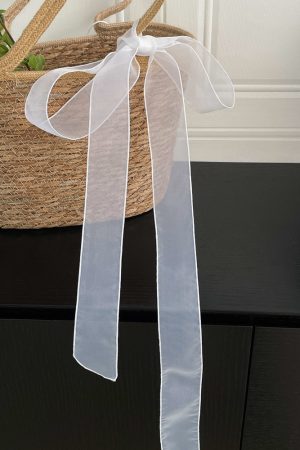 White Organza Long Flowing Ribbon Silk Scarf - Luxury High-End Fashion Neck Accessory, Elegant Lightweight Scarf for Chic Style