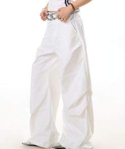White Pleated Wide-Leg Pants for Women - Trendy Curved Blade Design, Casual Cleanfit Style, Versatile Everyday Fashion
