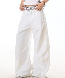 White Pleated Wide-Leg Pants for Women - Trendy Curved Blade Design, Casual Cleanfit Style, Versatile Everyday Fashion