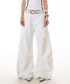 White Pleated Wide-Leg Pants for Women - Trendy Curved Blade Design, Casual Cleanfit Style, Versatile Everyday Fashion
