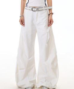 White Pleated Wide-Leg Pants for Women - Trendy Curved Blade Design, Casual Cleanfit Style, Versatile Everyday Fashion
