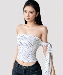 White Polka Dot Tie Strap Bustier Top - French Minimalist Backless Design, Sexy Waist-Cinching Style for Summer 2025 Fashion