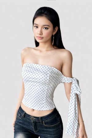 White Polka Dot Tie Strap Bustier Top - French Minimalist Backless Design, Sexy Waist-Cinching Style for Summer 2025 Fashion
